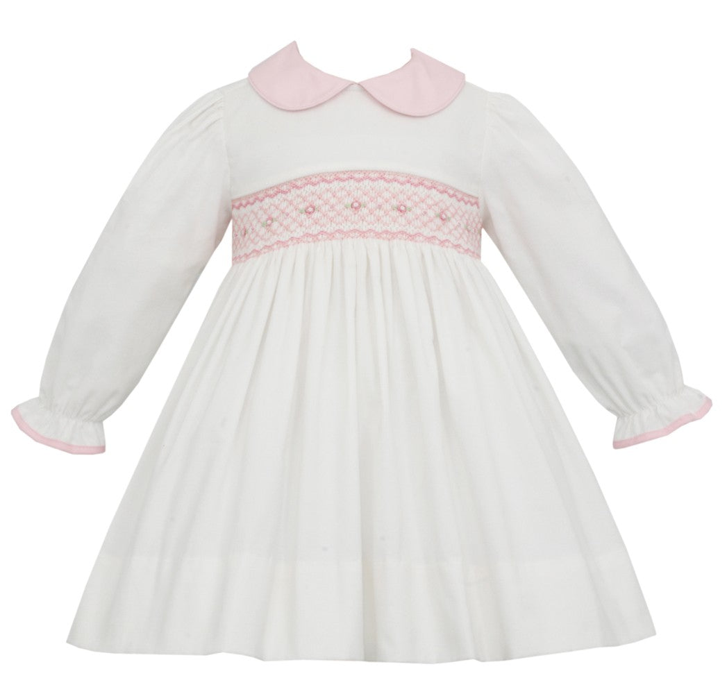 Petit Bebe Baby / Toddler Girls Winter White Corduroy Dress - Smocked in Pink - Collar