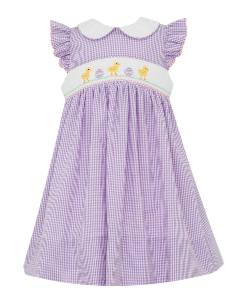 Petit Bebe Girls Lavender Gingham Smocked Easter Eggs & Chicks Dress by Petit Bebe
