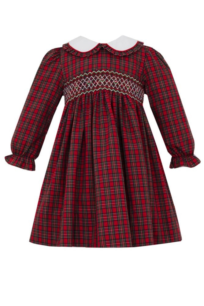 Petit Bebe Girls Red Holiday Plaid Smocked Dress - White Collar & Long Sleeves