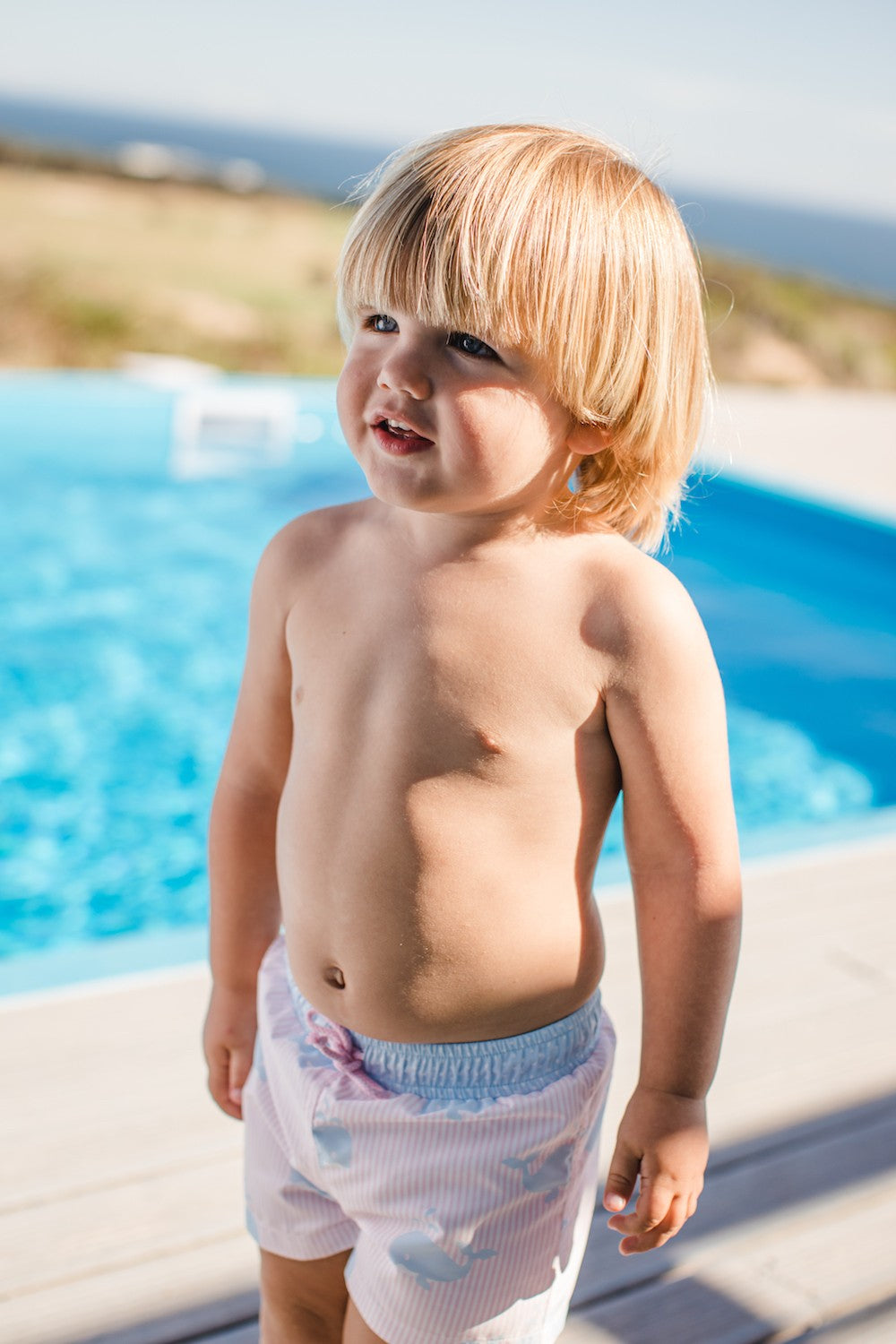 Sal & Pimenta Boys Swim Trunks - Think Big Pink with Blue Whales - Pocket on Back