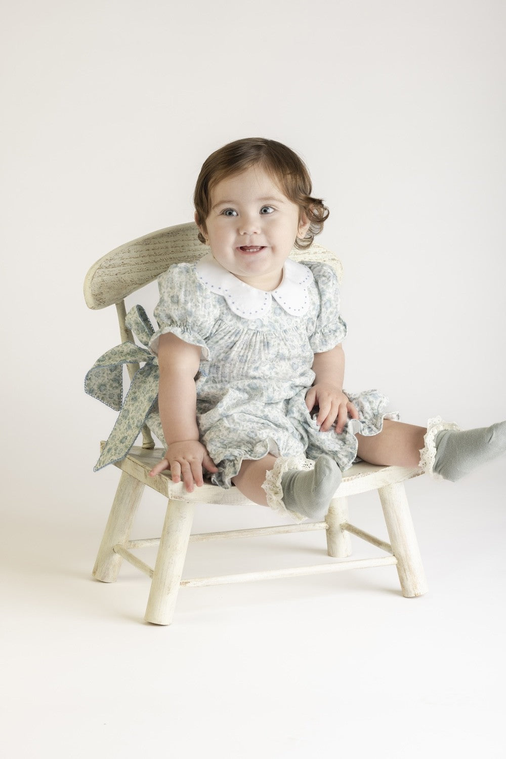 Sophie & Lucas Girls Blue Green Perennial Blooms Romper - Side Bows by Sophie & Lucas