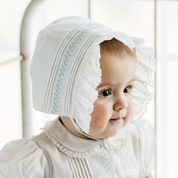 Feltman Brothers Baby Girls Ivory Vintage Bonnet - Smocked in Blue