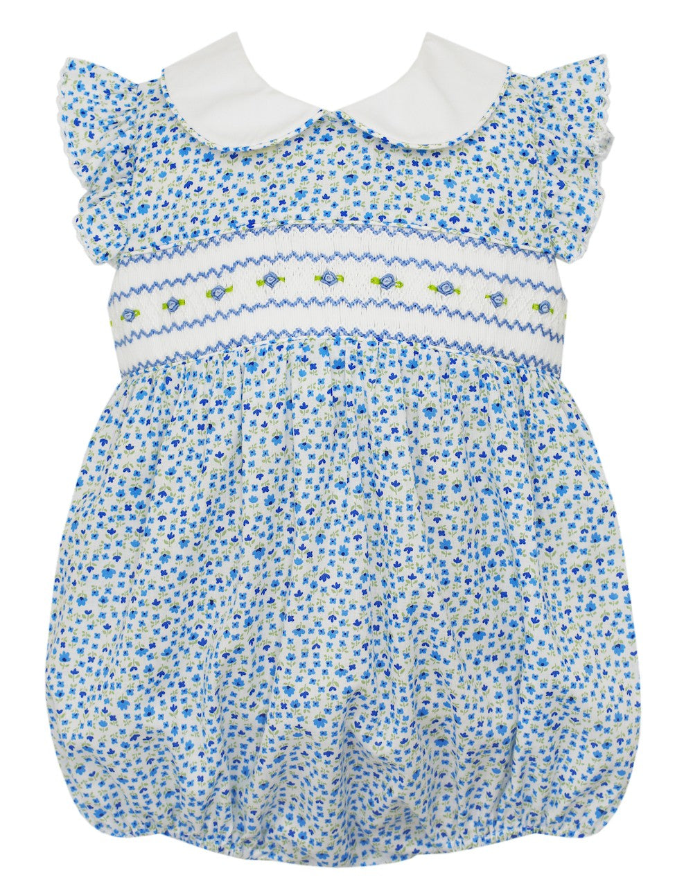 Petit Bebe Baby Girls Blue Belle Floral Print Smocked Bubble 12M