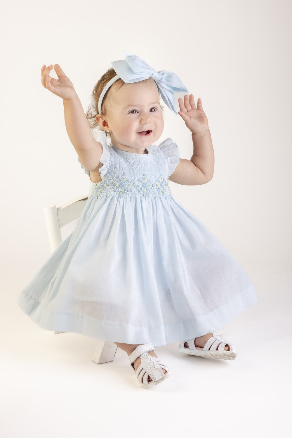 Luli & Me Girls Classical Diamond Smocked Dress - Flutter Sleeves - Blue