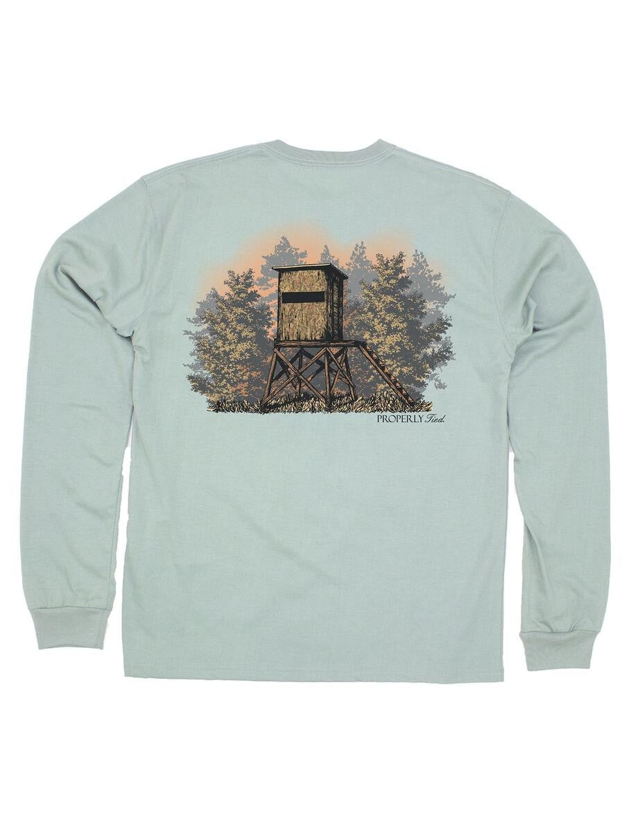 Properly Tied Tee Shirt - Logo Pocket on Front - Back Graphic - Sage Green Deer Stand