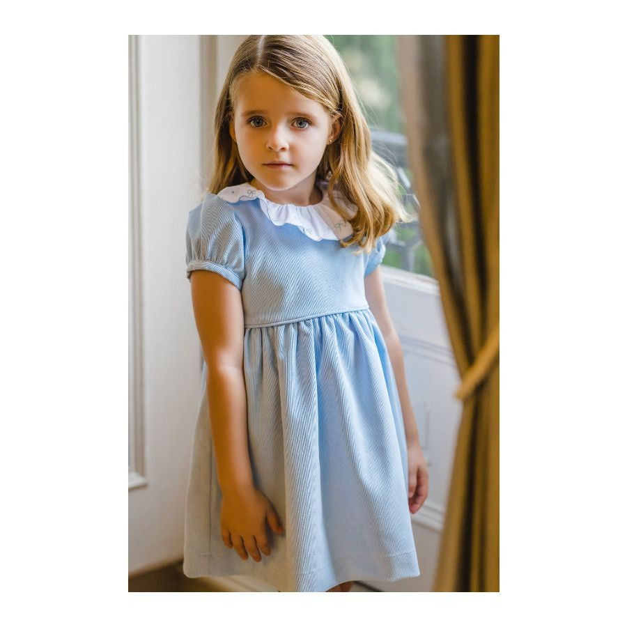 Sal & Pimenta Girls Corduroy Sash Dress - Embroidery Bows on Ruffle Collar - Blue