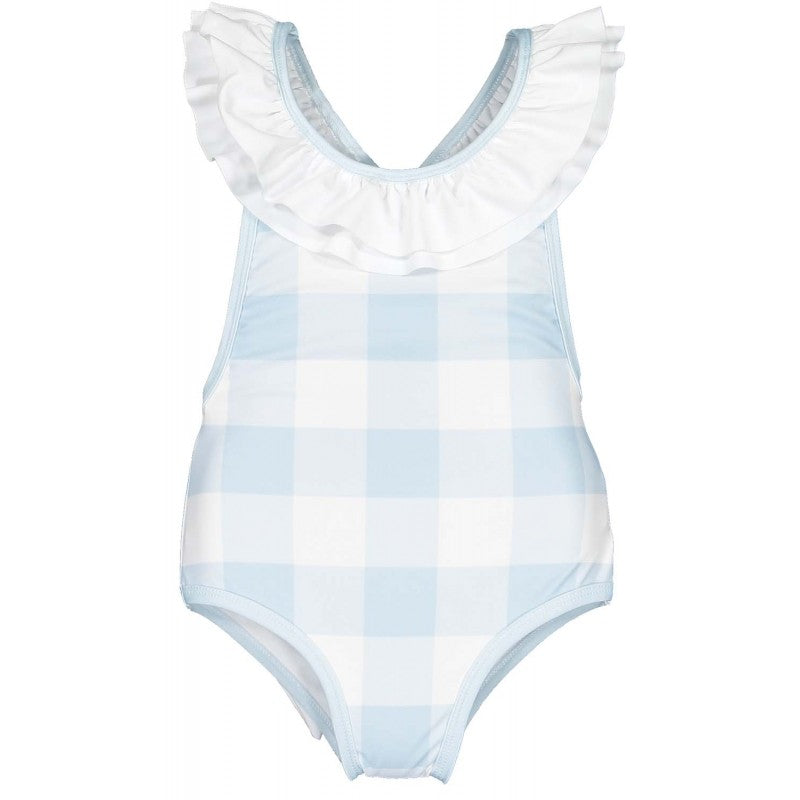 Sal & Pimenta Girls Criss Cross Ruffle Swimsuit - Bow in Back - Buffalo Check - Blue