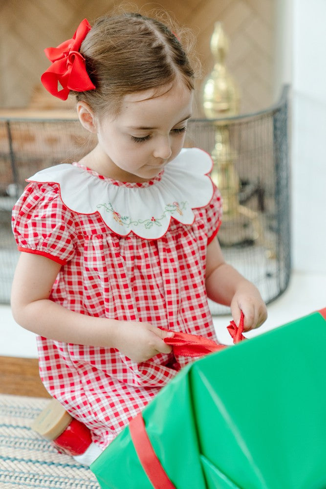 Proper Peony Girls Christmas Dress - Red Check Embroidered Golden Bells