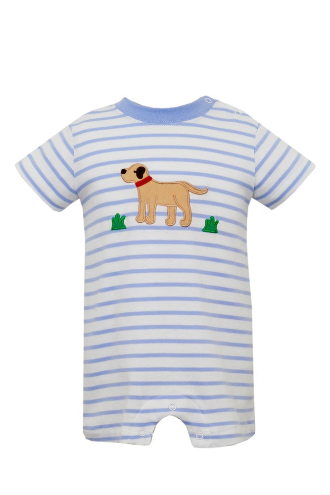 Claire & Charlie Baby Boys Knit Romper - Light Blue Stripes - Labrador Dog