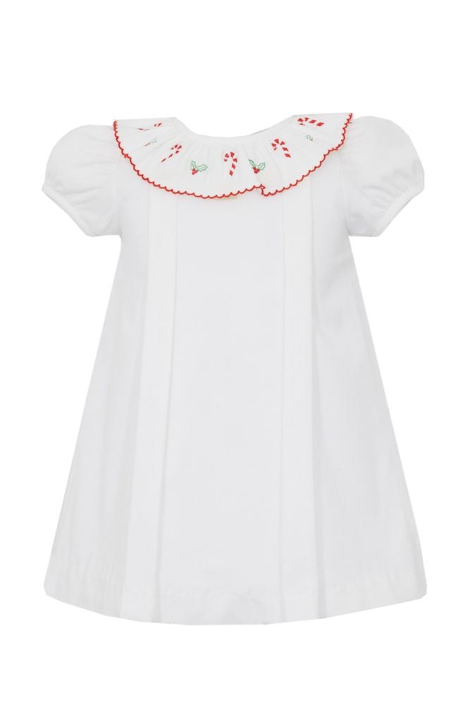 Anavini Girls Winter White Corduroy Dress - Embroidered Christmas Holly & Candy Canes on Ruffle Collar