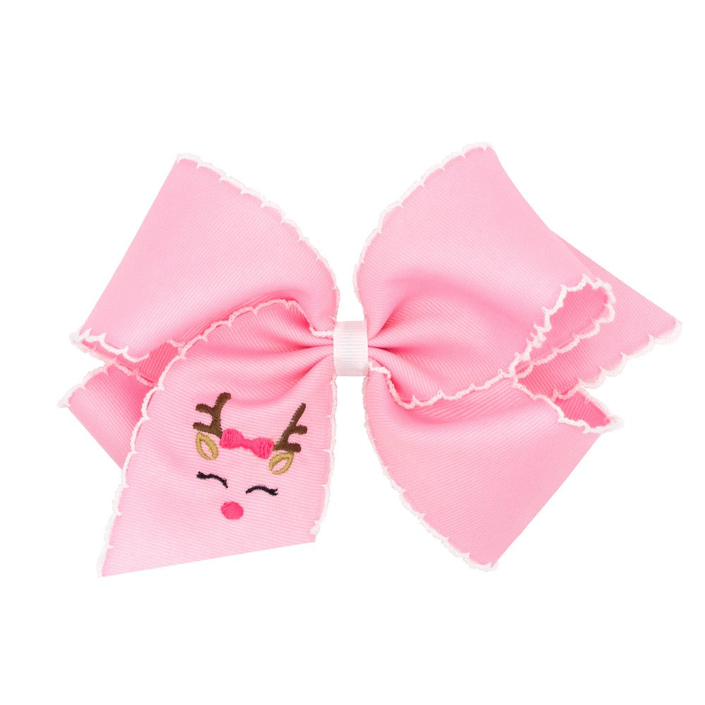 Wee Ones Girls Hair Bow - Embroidered Reindeer on Pink by Wee Ones