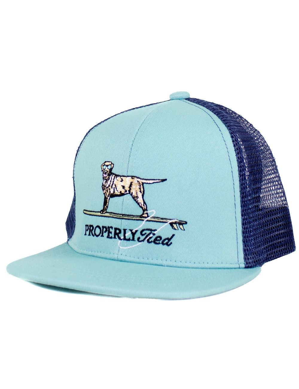 Properly Tied Boys Trucker Hat - Aqua Surfing Dog