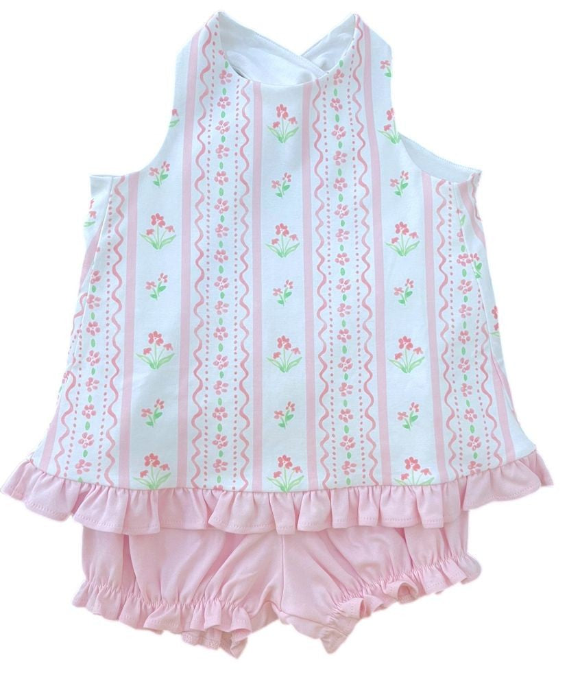 James & Lottie Girls Poppy Bloomers Set - Pink Floral Scallop