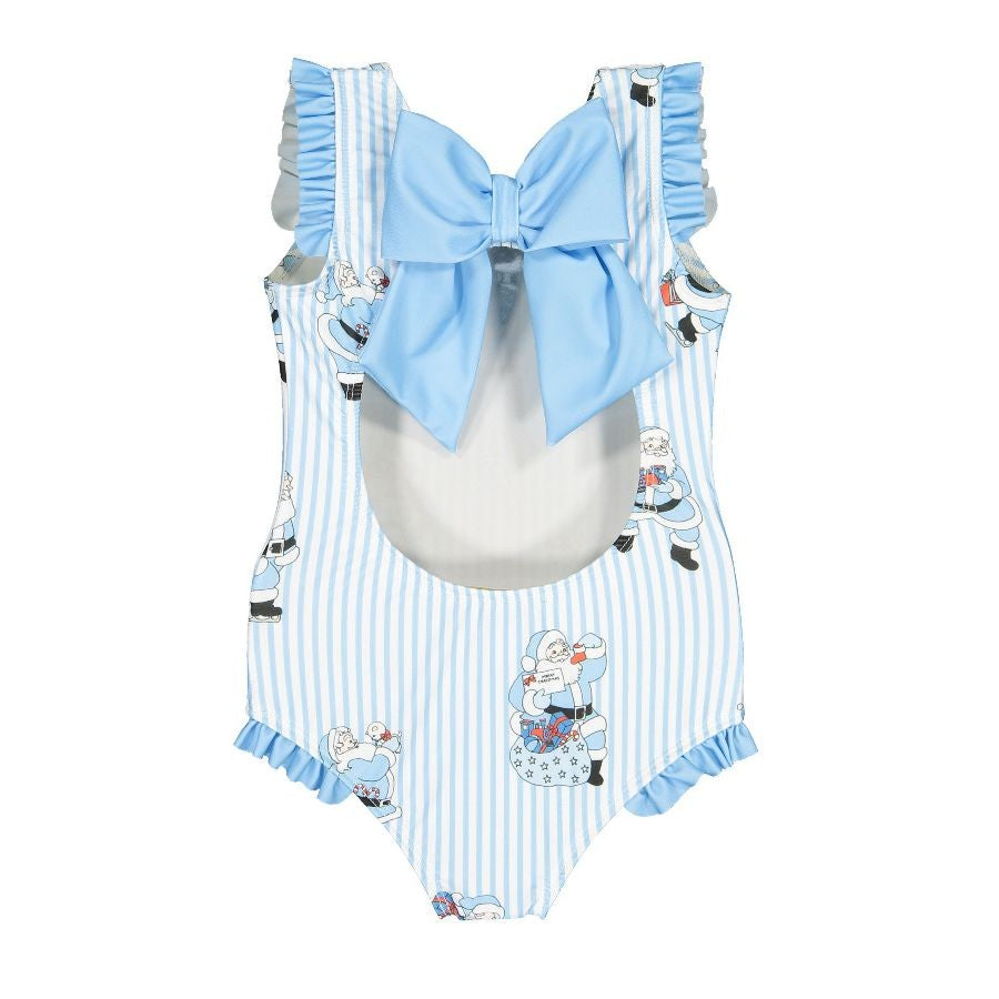 Sal & Pimenta Girls Swimsuit - Bow in Back - Santa on Blue Stripes