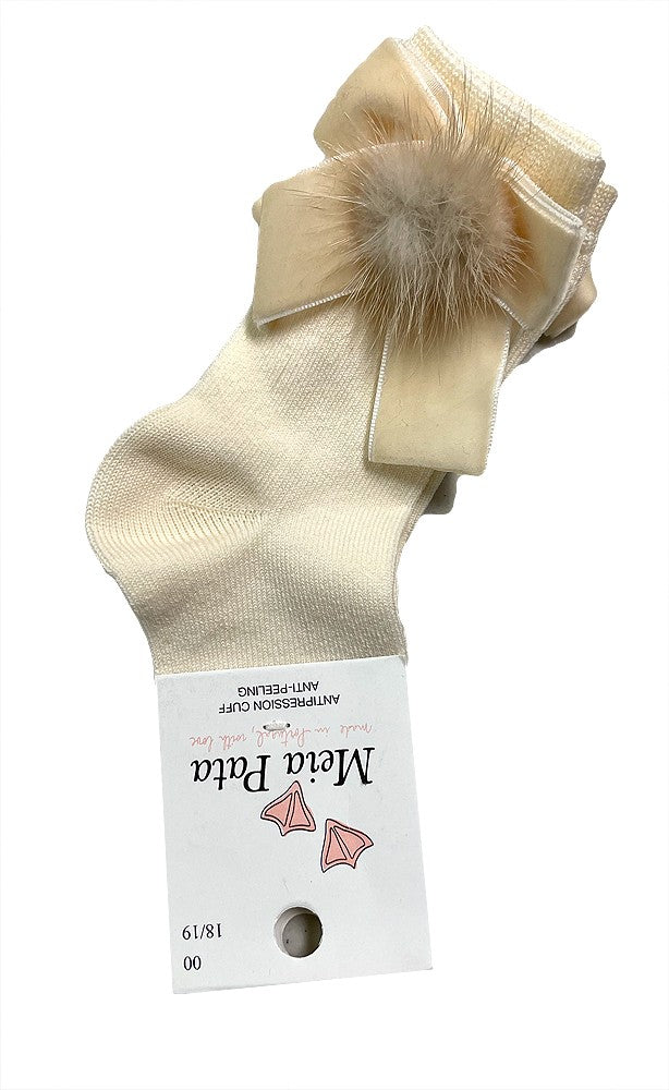 Meia Pata Girls Socks - Velvet Bow and Faux Fur Fur Ball - Pearl Ivory by Meia Pata
