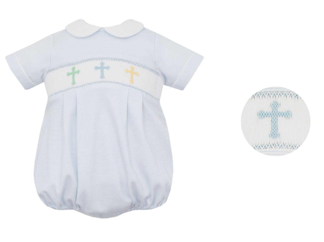 Petit Bebe Knits Baby Boys Light Blue Striped Smocked Crosses Bubble