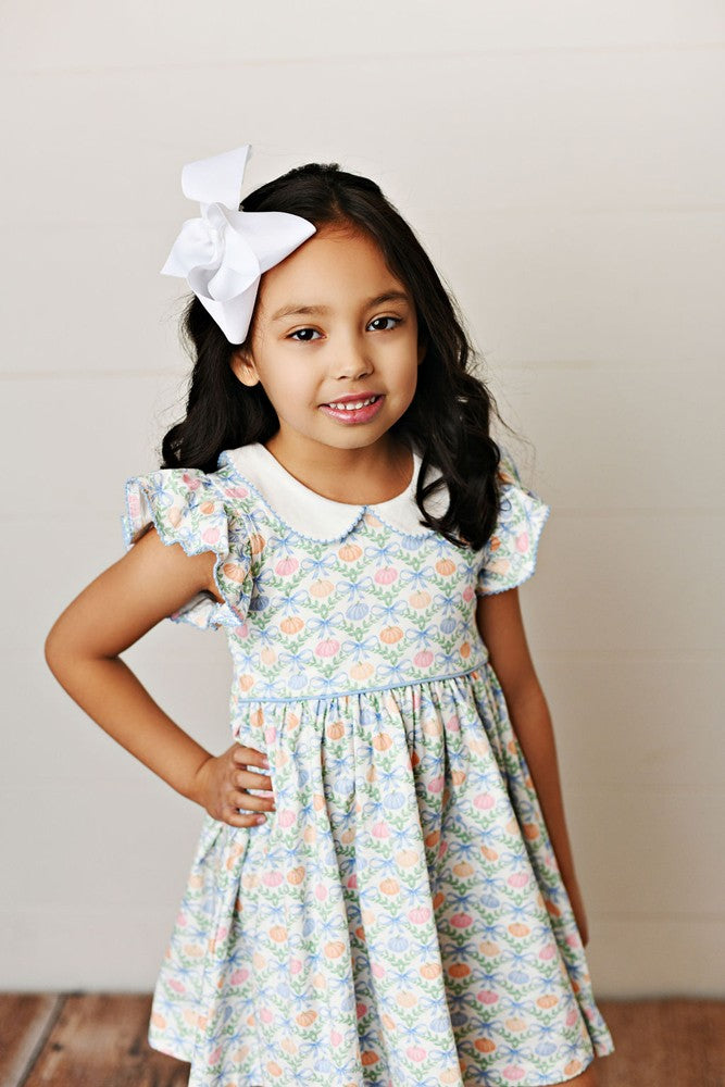 Swoon Baby Girls Proper Picot Dress - Blue Pumpkin Print