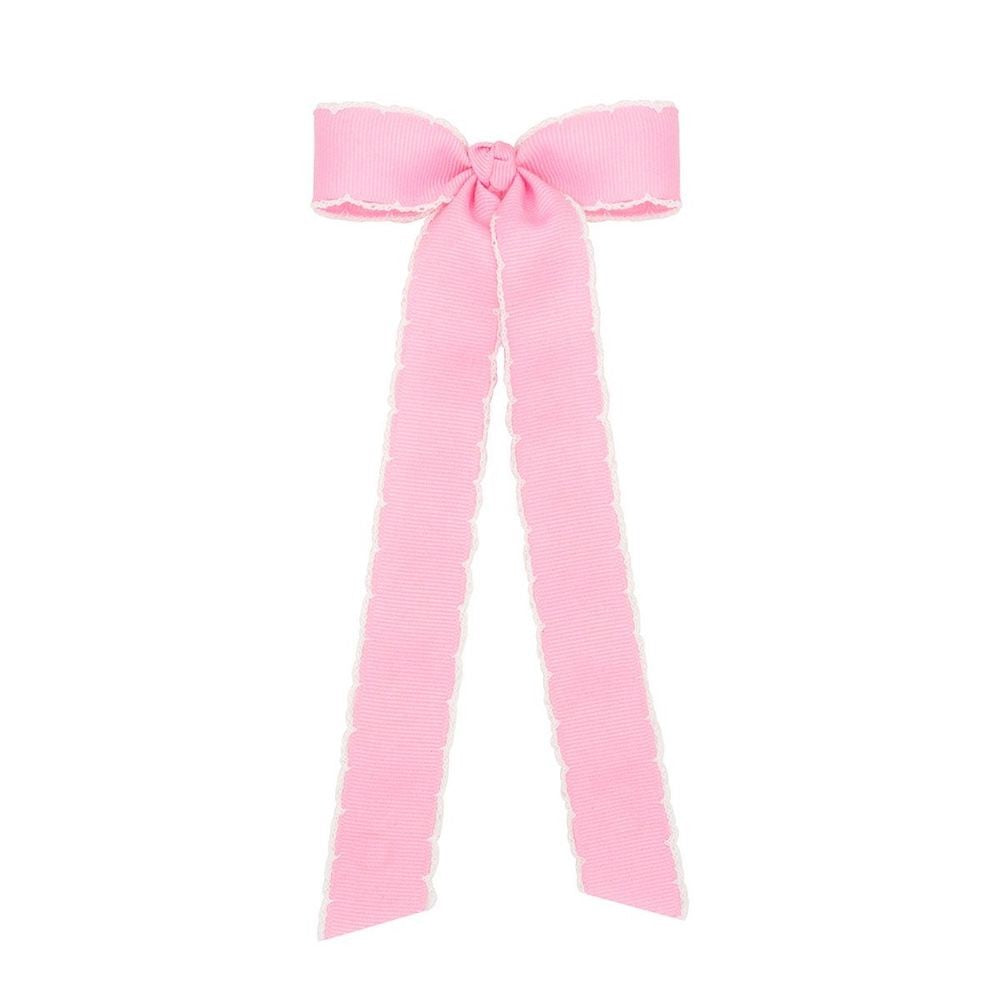 Wee Ones Girls Grosgrain Moonstitch Bow with Streamers - Light Pink with White