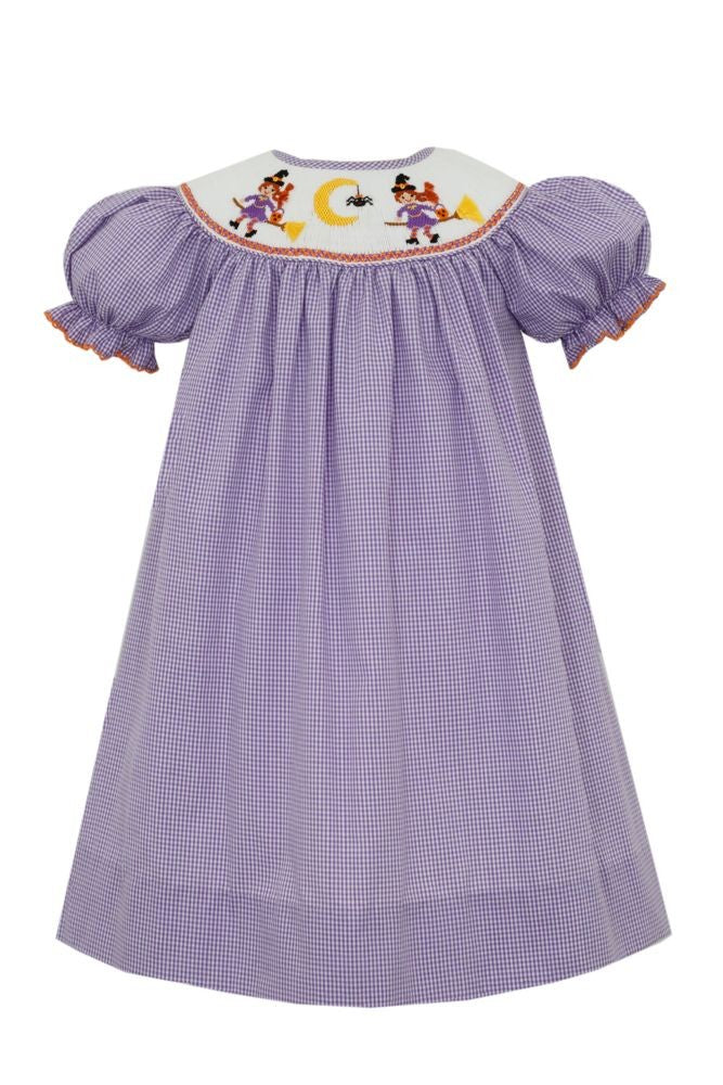 Anavini Velani Girls Purple Gingham BIshop Dress - Smocked Halloween Witches by Anavini
