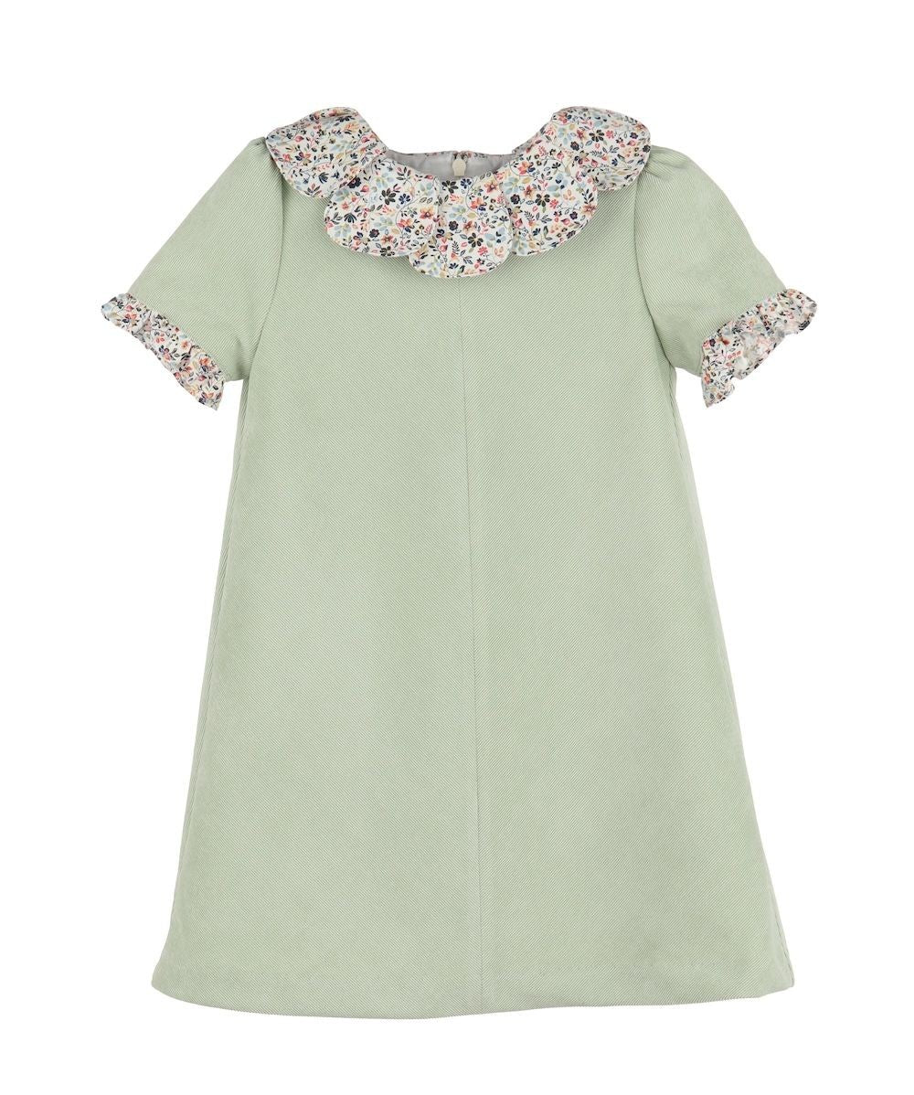 Luli & Me Girls Majestic Petals A-Line Dress - Green Cord with Floral Collar