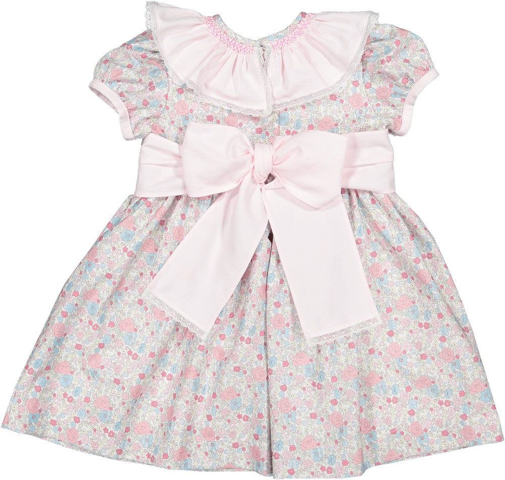 Sal & Pimenta Girls Dress - Pink Bouquet Floral with Sash - Smocked Collar