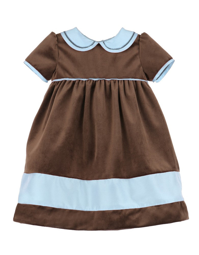 Luli & Me Girls Velvet Dress - Cocoa Brown - Blue Collar & Trim