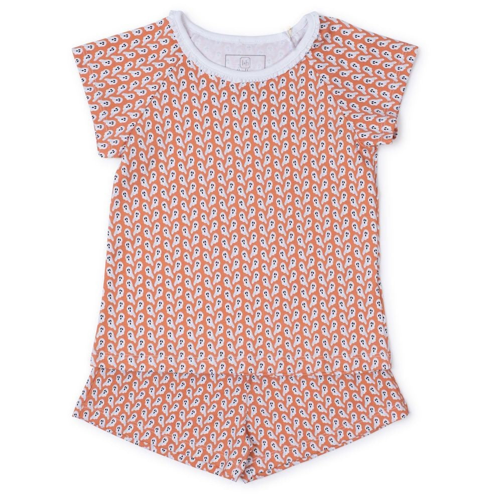 Lila & Hayes Girls Short Emery Pajamas - Orange Halloween Ghosts
