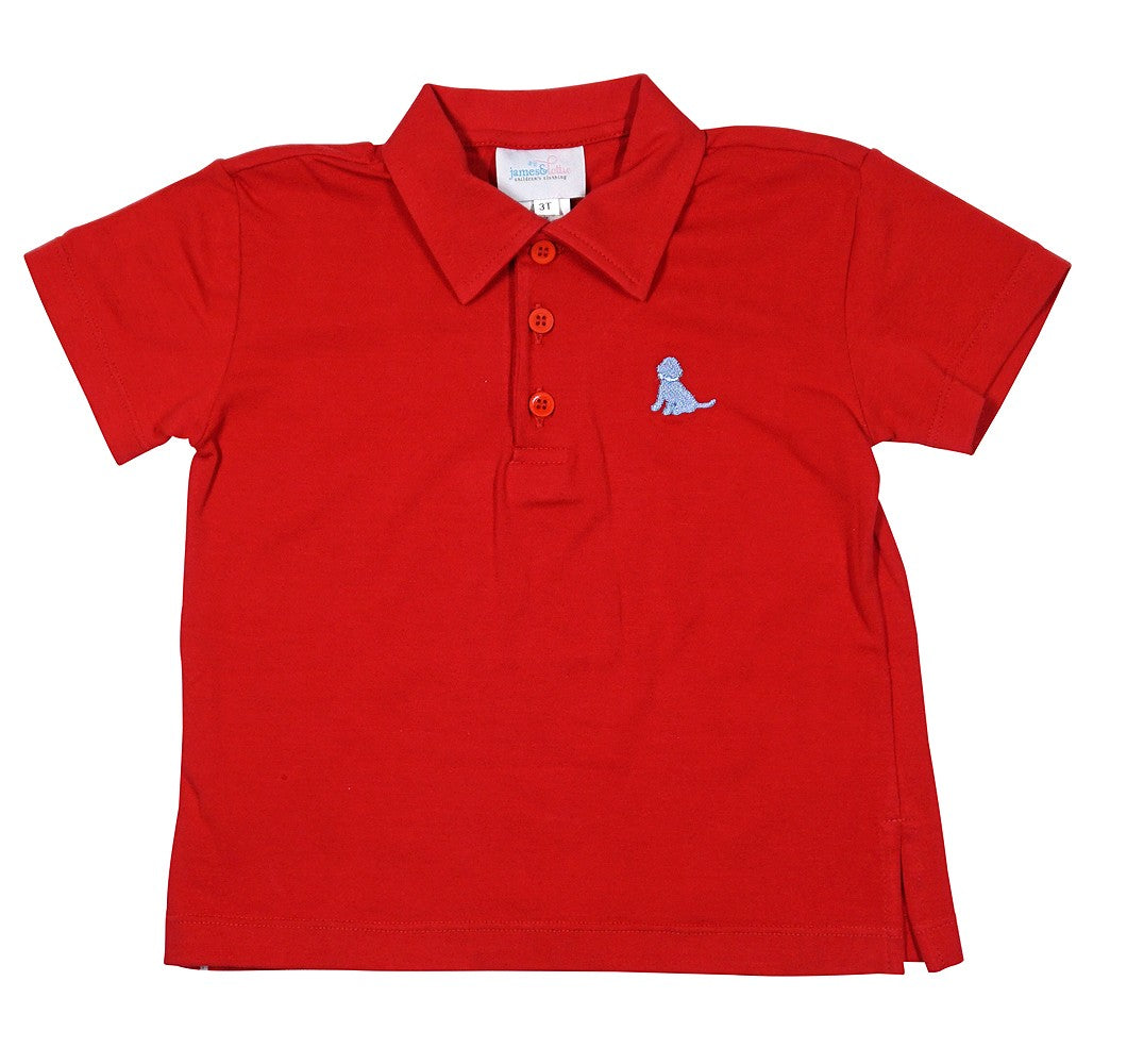 James & Lottie Boys Polo Shirt - Red with Light Blue Puppy