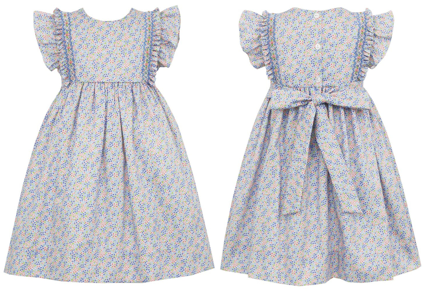 Claire & Charlie Girls Blue & Pink Liberty Floral Print Dress - Smocked Pleated Ruffle by Claire & Charlie