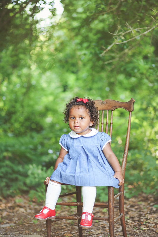 Proper Peony Girls Dress - Blue Chambray Cannon Pleat