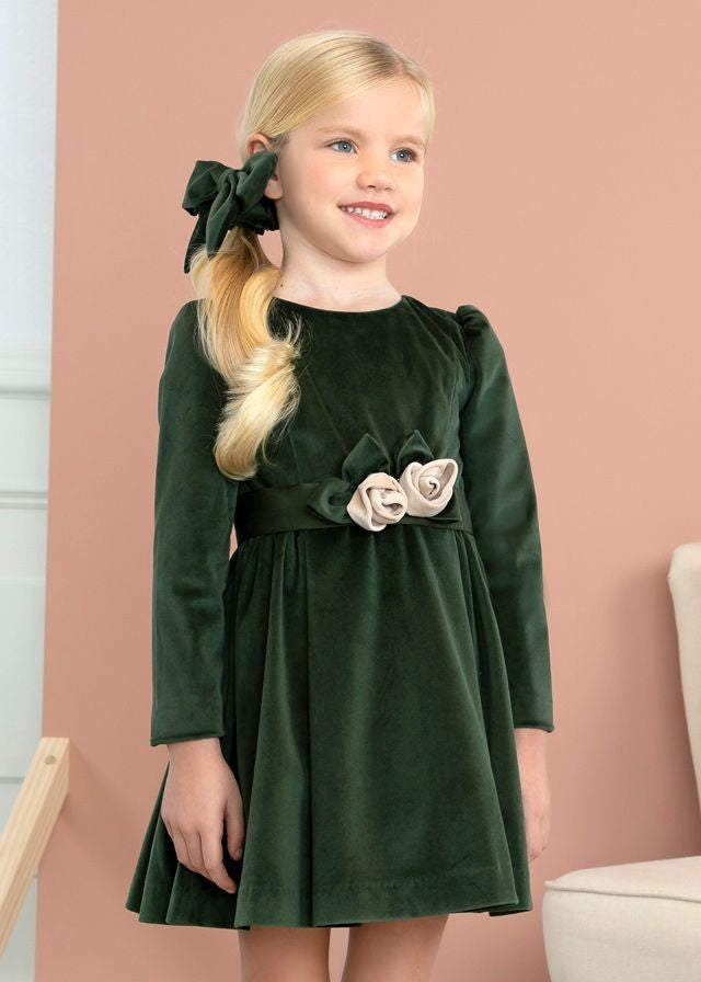 Abel & Lula Girls Velvet Christmas Dress - Roses at Waist - Green