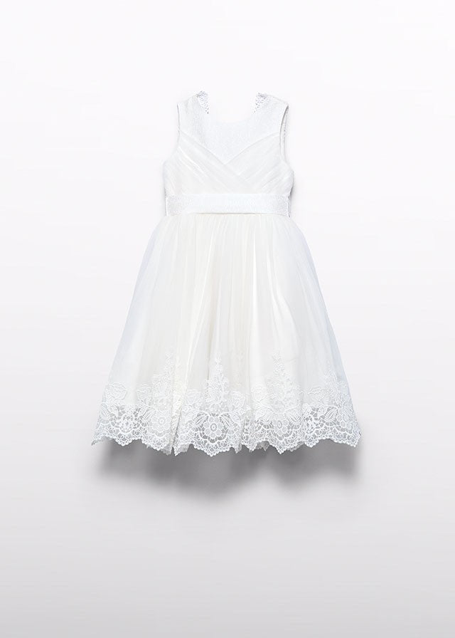 Abel & Lula Girls Embroidered Lace Tulle Special Occasion Dress - V-Back with Bow & Sash