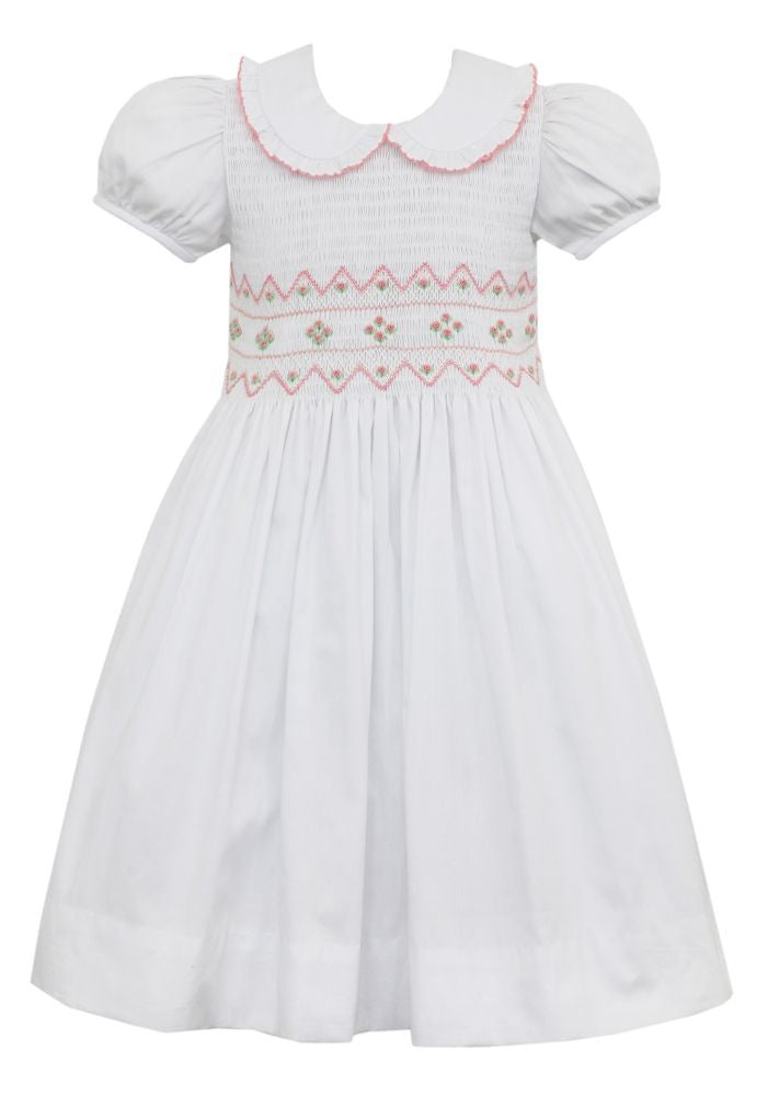 Anavini Couture Girls White Pique Dress - Smocked in Pink by Anavini