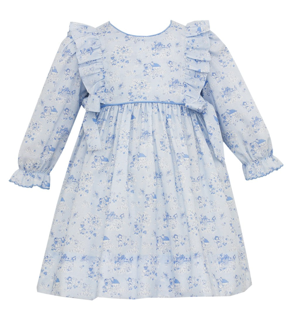 Petit Bebe Baby / Toddler Girls Blue Toile Print Dress with Side Bows