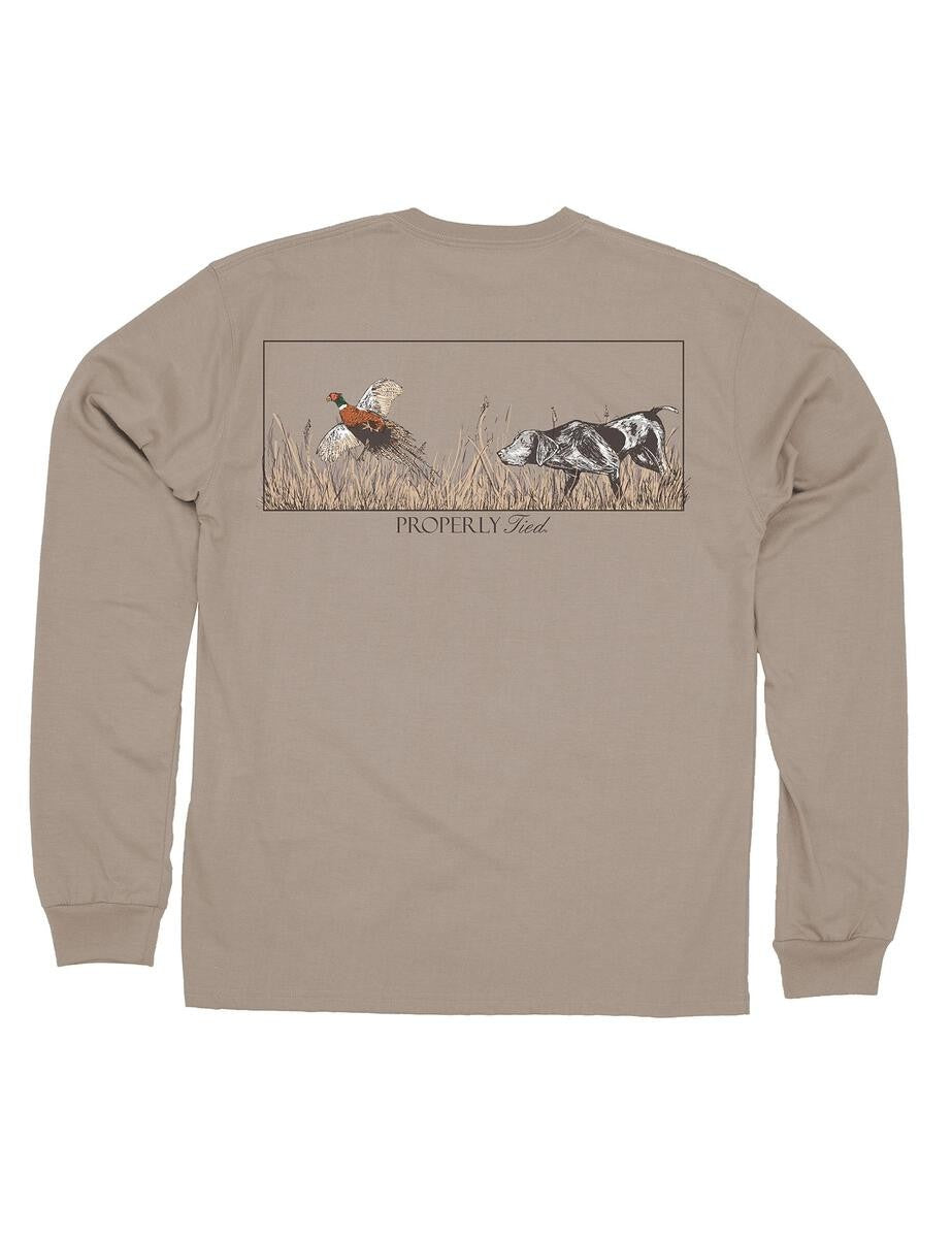 Properly Tied Tee Shirt - Logo Pocket on Front - Back Graphic - The Hunt on Tan Sand