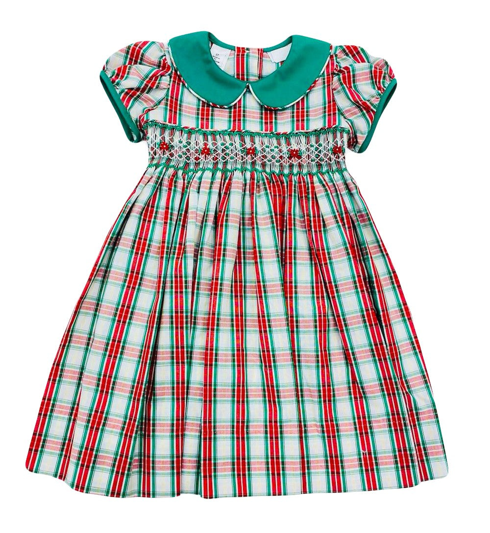 The Best Dressed Child Girls Green & Red Holiday Plaid Smocked Waist Dress