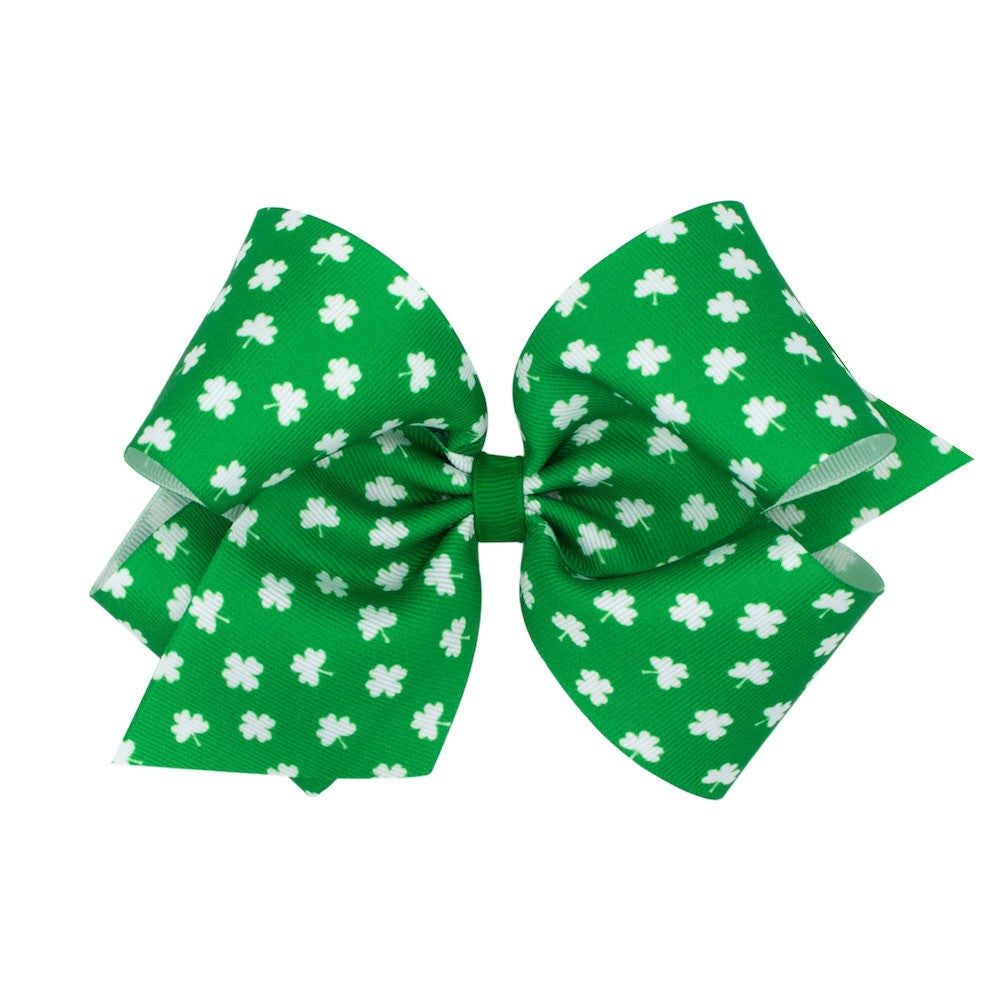Wee Ones Girls Hair Bow on Clip - Tiny White Shamrocks on Green Bow