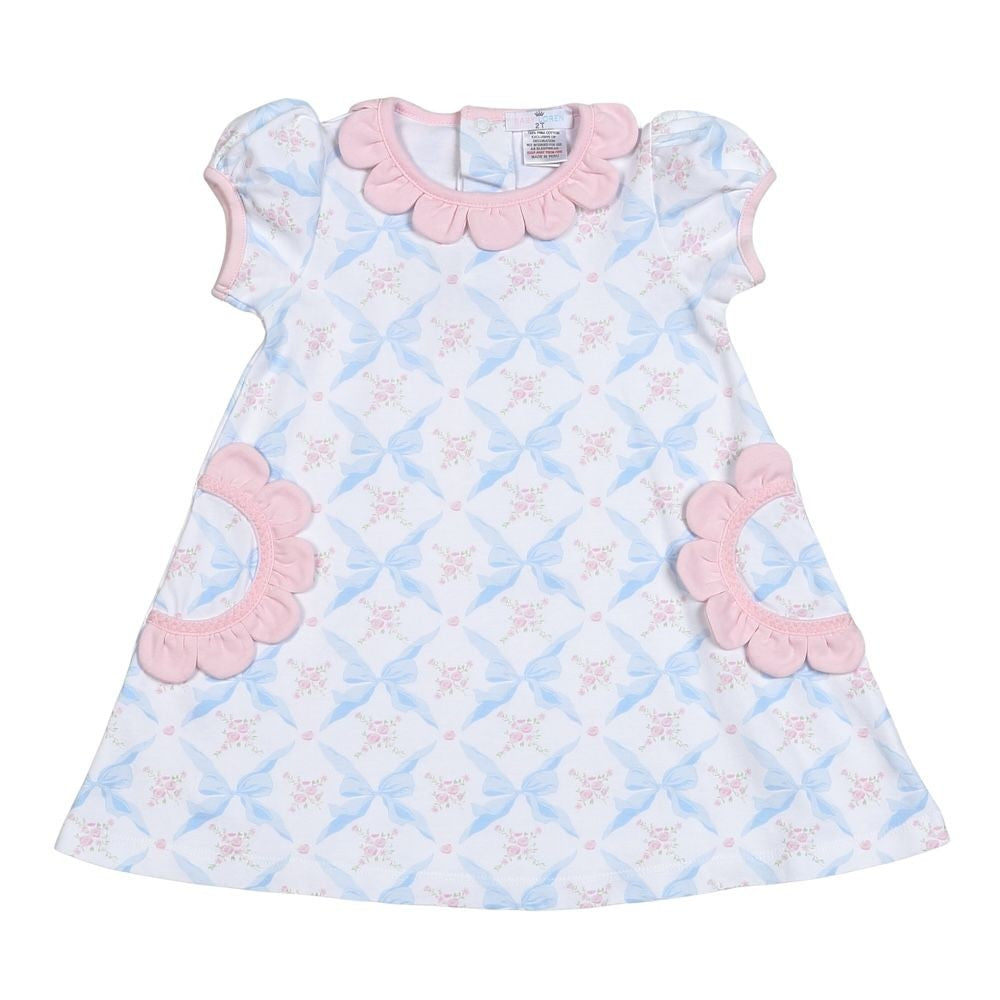 Baby Loren Girls Blue Bows Dress - Pink Scallop Trim