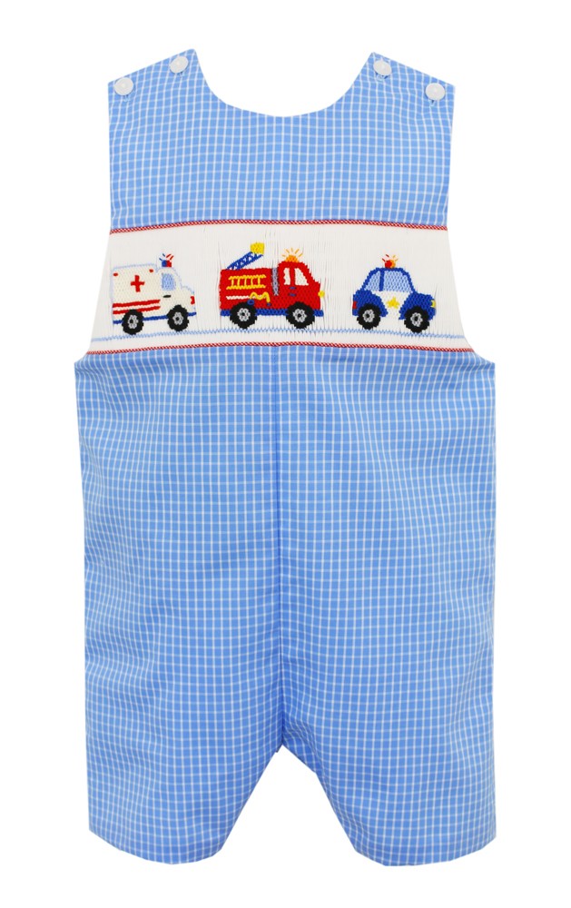 Anavini Velani Boys Blue Check Smocked Emergency Vehicles Jon Jon