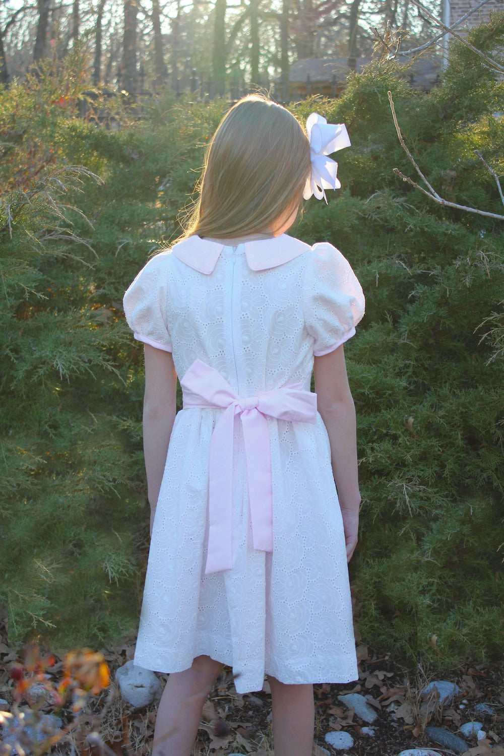 Susanne Lively Girls White Eyelet Dress with Pink Collar and Sash