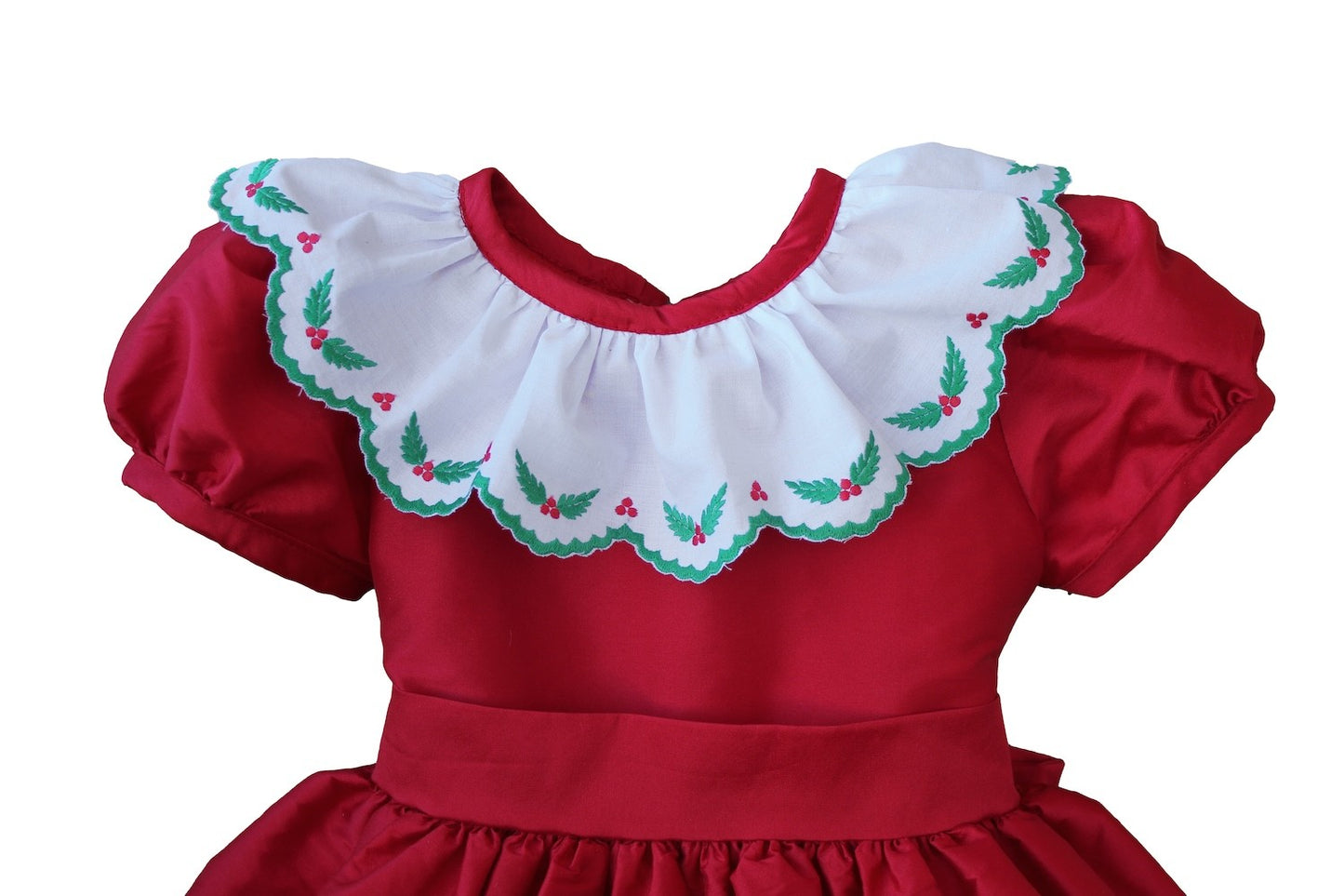 Susanne Lively Girls Christmas Dress - Embroidered Holly Collar - Red