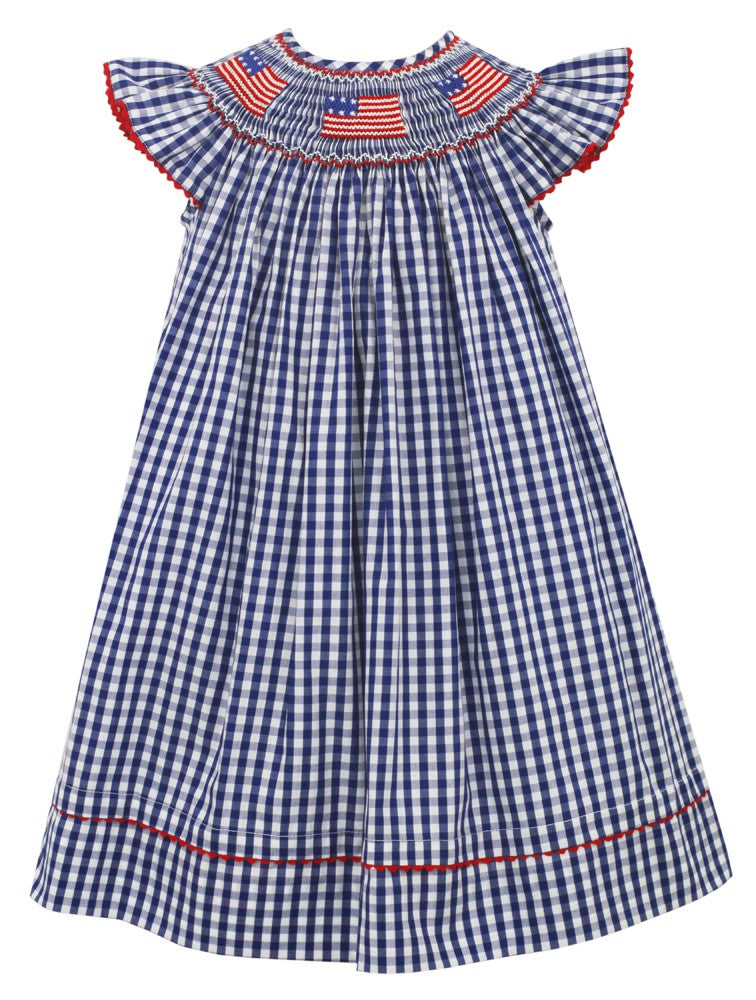 Anavini Baby / Toddler Girls Royal Blue Check Smocked Flags Bishop Dress