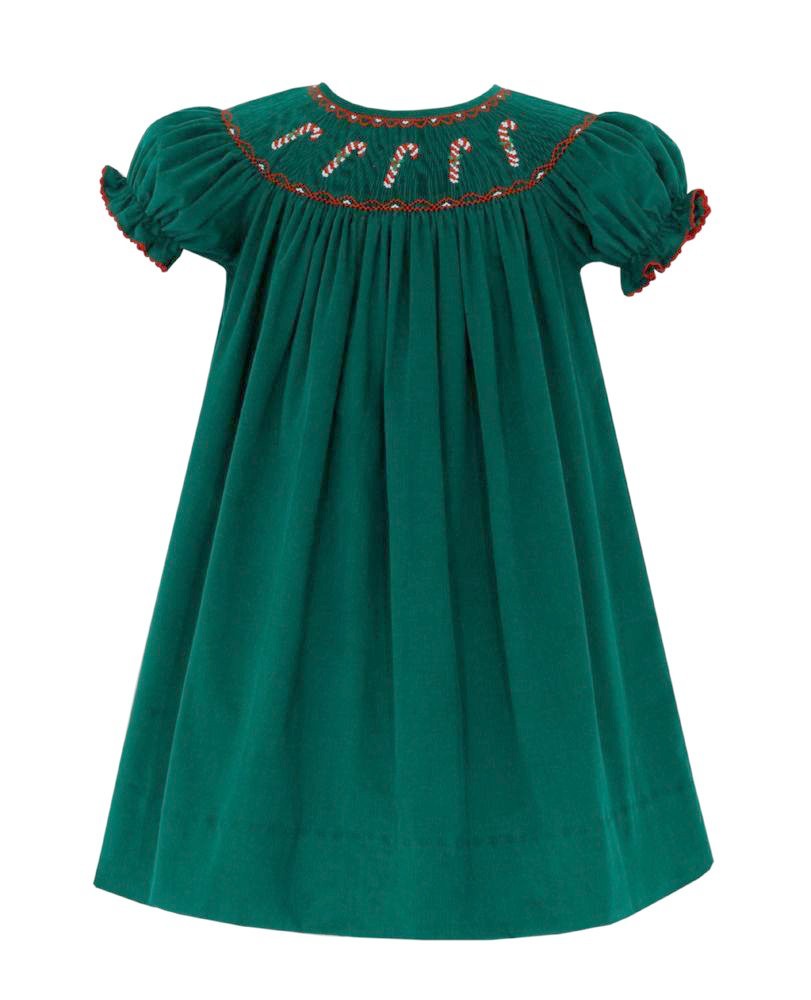 Anavini Velani Girls Green Corduroy Smocked Candy Canes Dress - Bishop Style