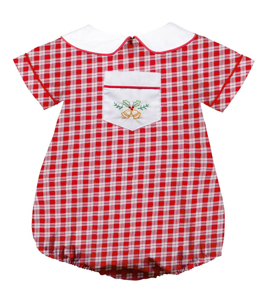Proper Peony Baby Boys Christmas Bubble - Red Check Embroidered Golden Bells
