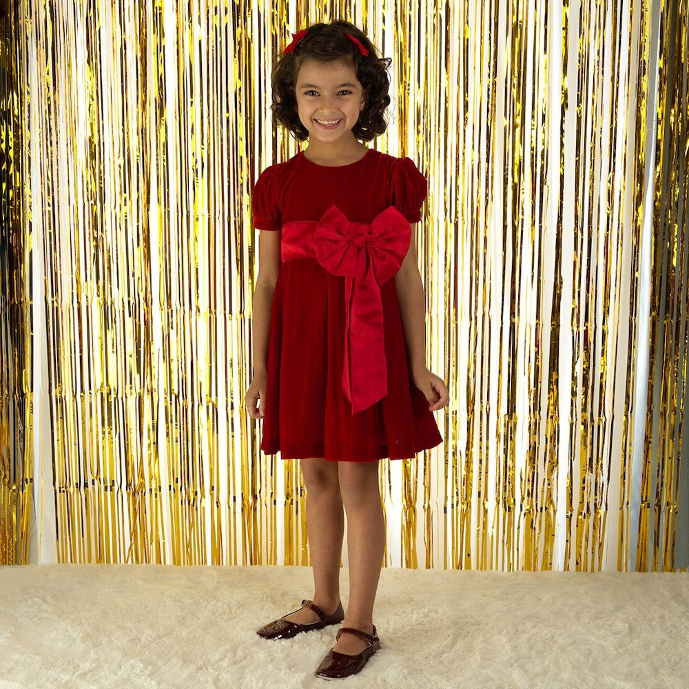 Rachel Riley London Girls Crushed Velvet Holiday Bow Dress - Red