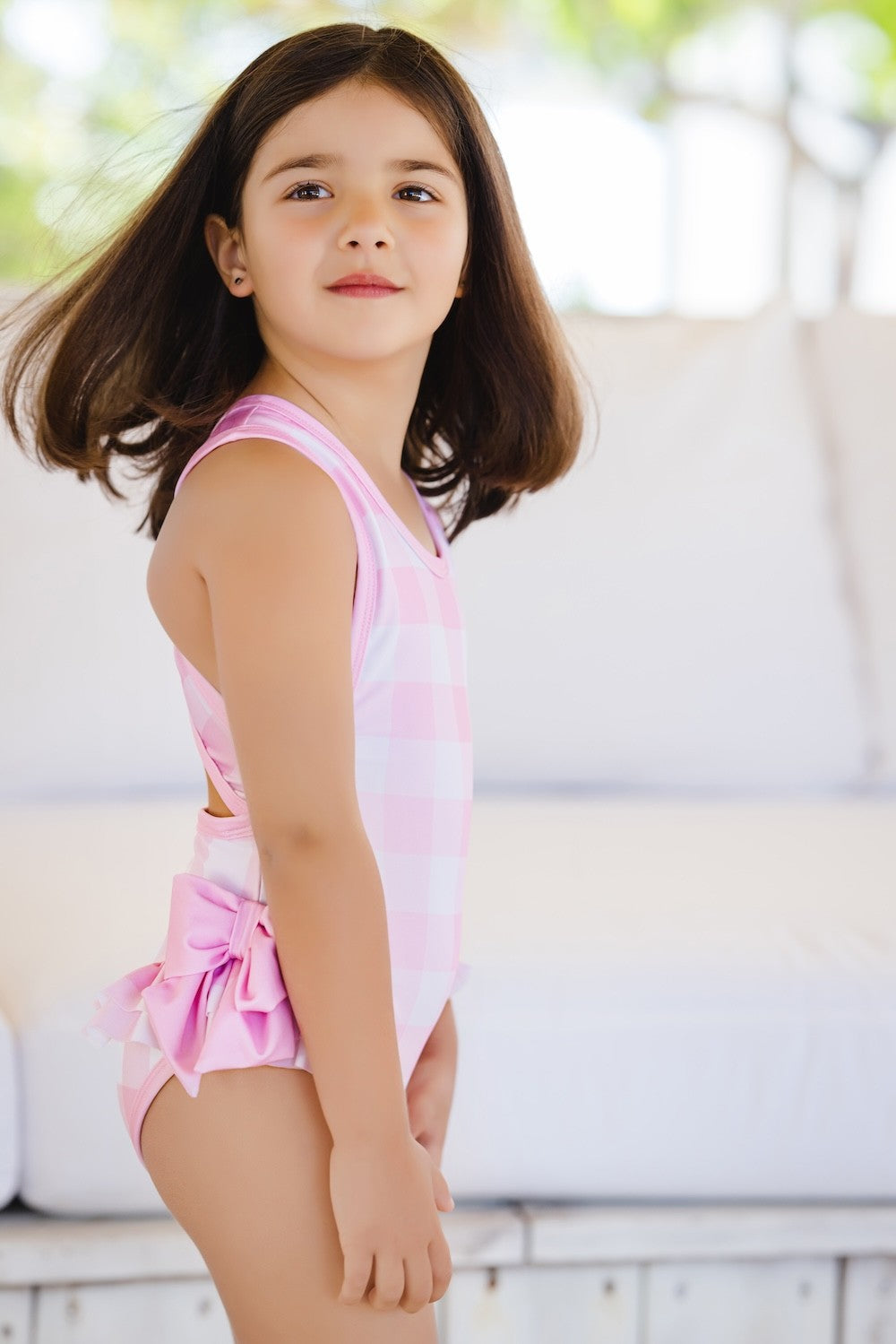 Sal & Pimenta Girls Swimsuit - Pink Buffalo Check - Pink Bows on Hips
