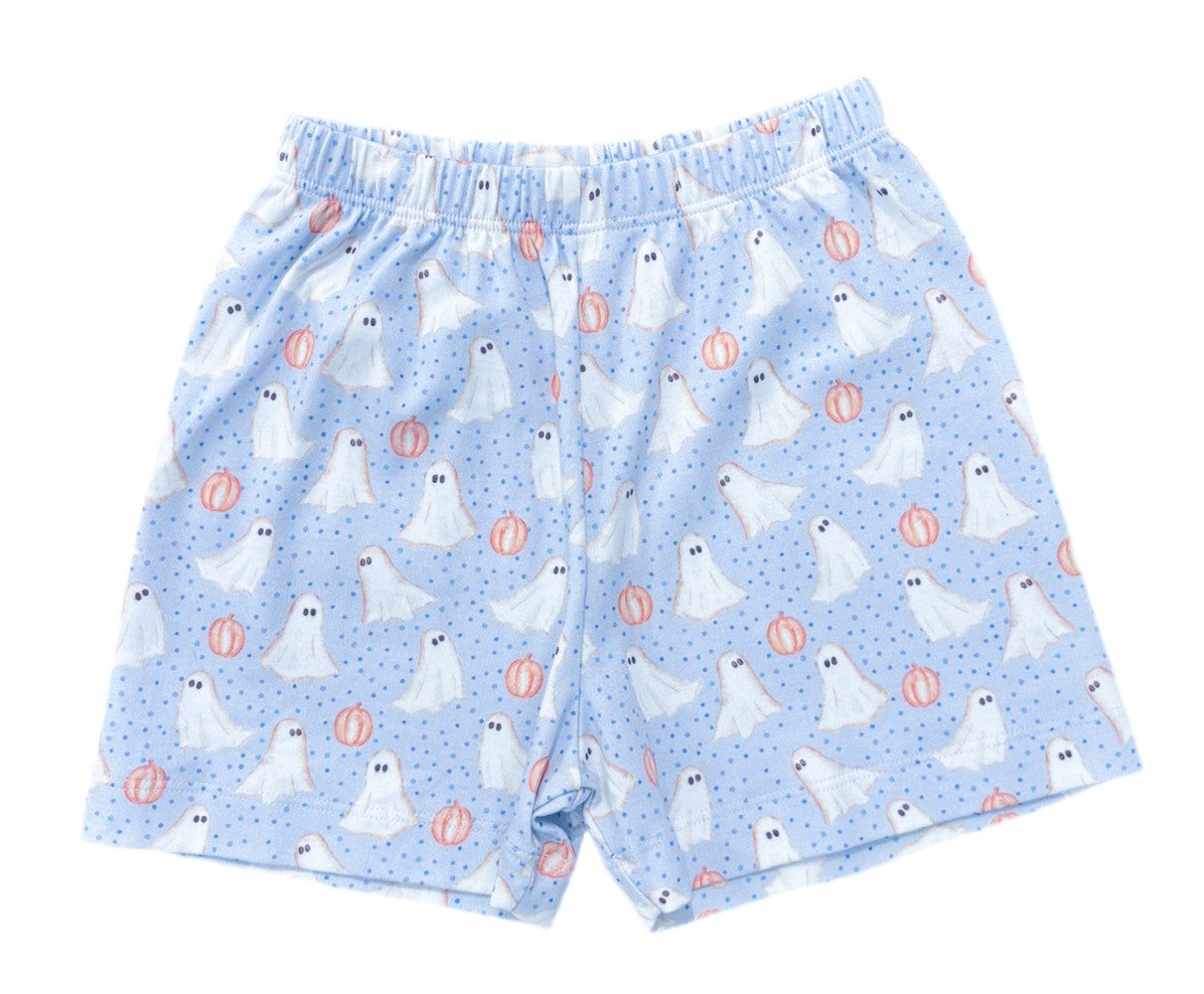 James & Lottie Boys Shorts Set - Blue Halloween Ghosts with White Polo Shirt