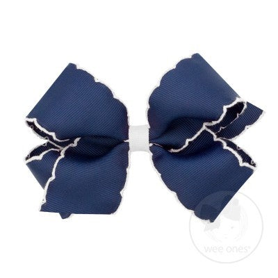 Wee Ones Girls Classic Moonstitch Bow on Clip - Navy Blue with White