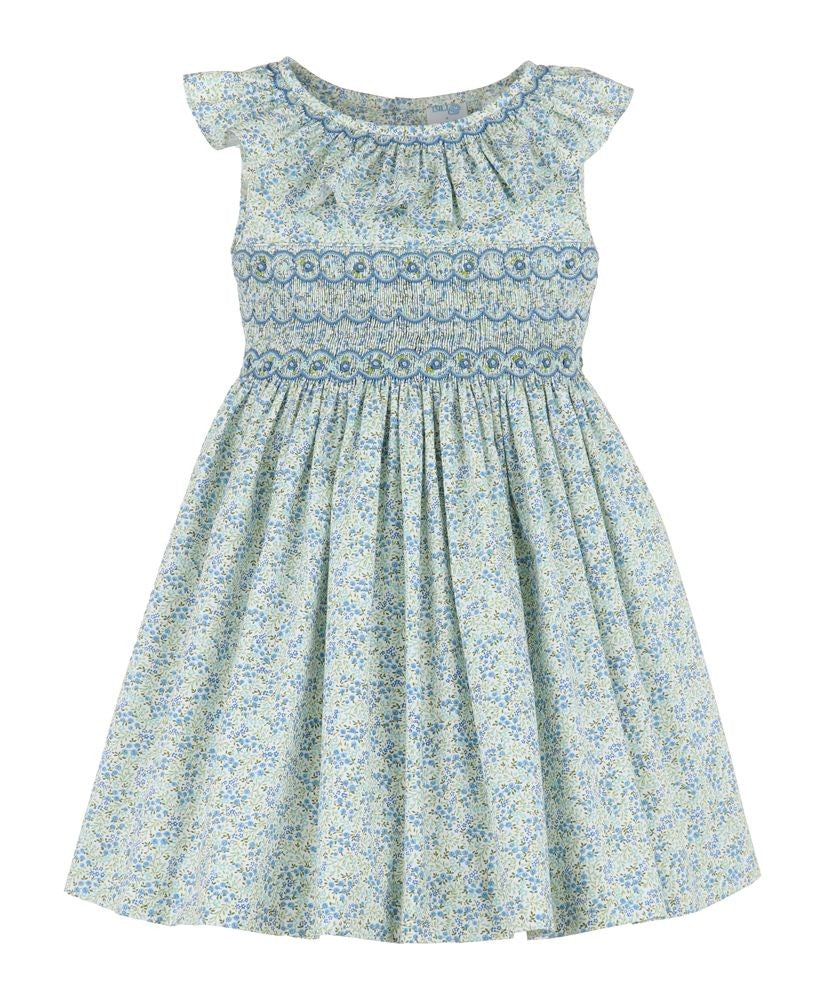 Luli & Me Girls Tiny Floral Smocked Dress with Ruffle Neck - Blue