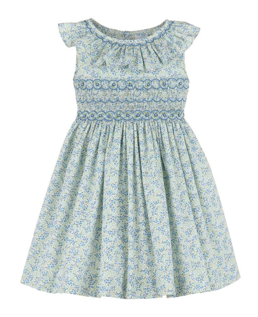 Luli & Me Girls Tiny Floral Smocked Dress with Ruffle Neck - Blue